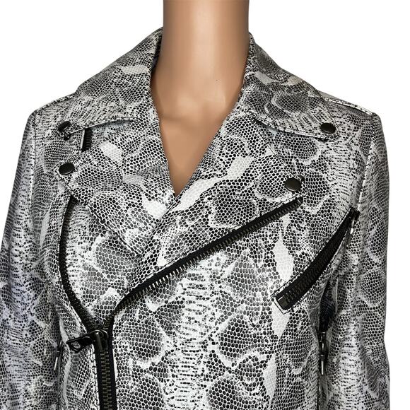 Alice+Olivia Lambleather Snake Print Moto Jacket Size Small Cropped Black White - Picture 5 of 11